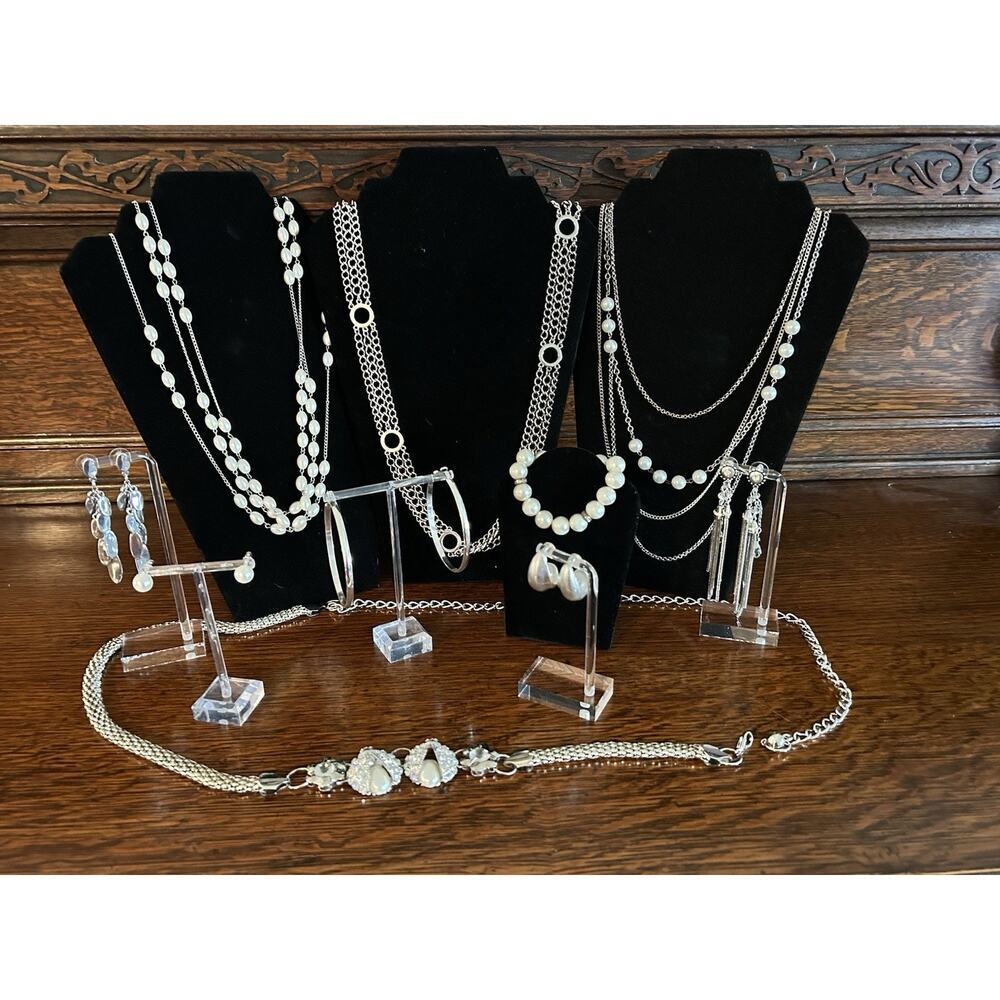 Silver Pearl Jewelry Lot Set: Wedding Prom Anniversary Necklace Earrings Belt